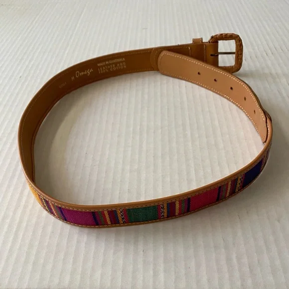Vintage Omega Guatemalan Mayan Cotton Leather Belt Womens Size M Colorful Tribal - Picture 5 of 10